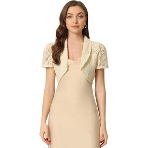 Floral Lace Shrug Work Crop Cardigan Wedding Guest Elegant Bolero Beige